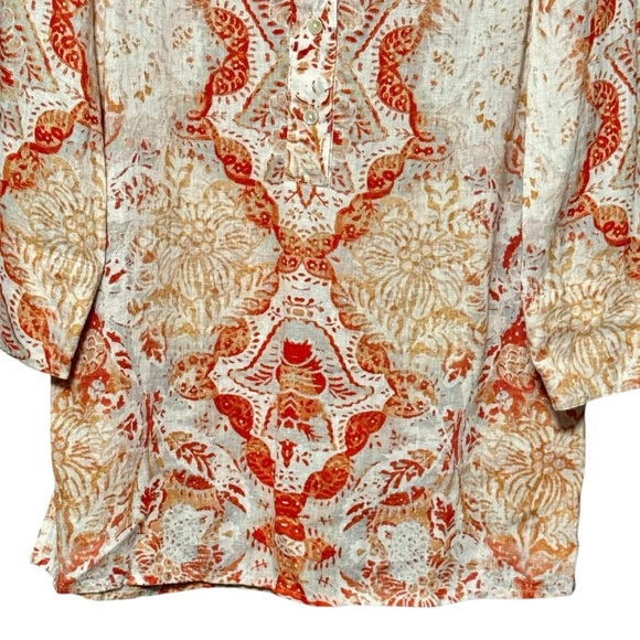 Chico’s 100% Linen Button Down Front Split 3/4 Sleeve Collared Orange Print Top - Picture 5 of 15